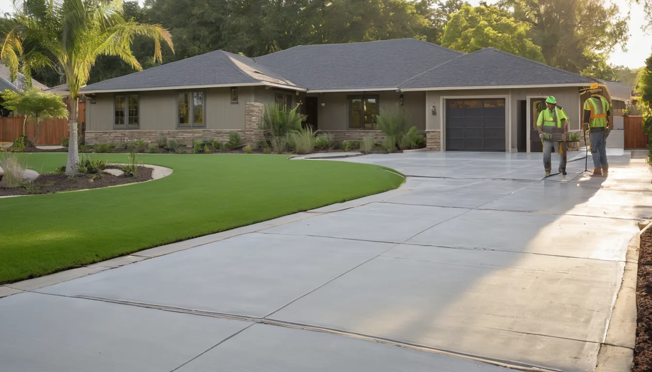 Freshly poured concrete driveway beside a brick ranch home in Fate